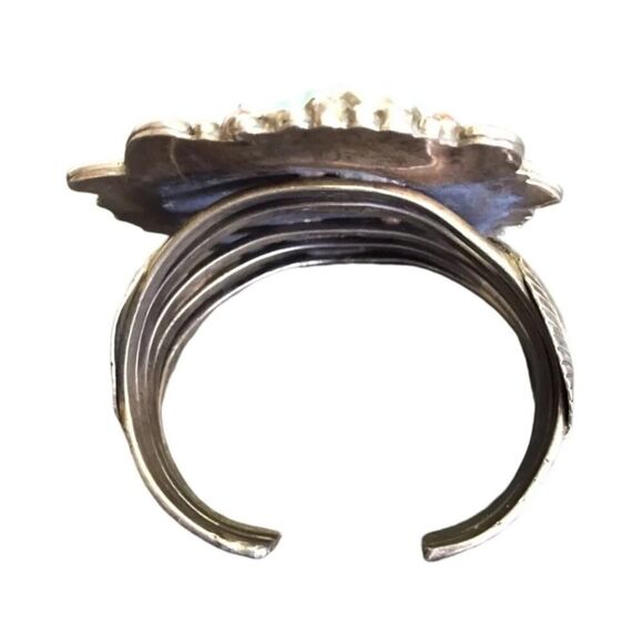 Antique Cuff Bracelet Green Turquoise Coral Sterling Silver Navajo Native Signed - Picture 8 of 14